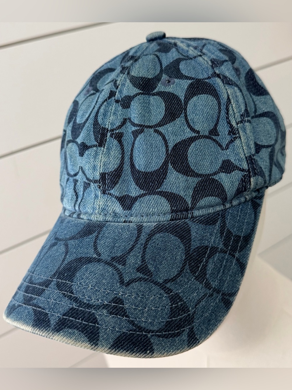 COACH Signature Denim Baseball Cap Blue Monogram Leather Strap Unisex
